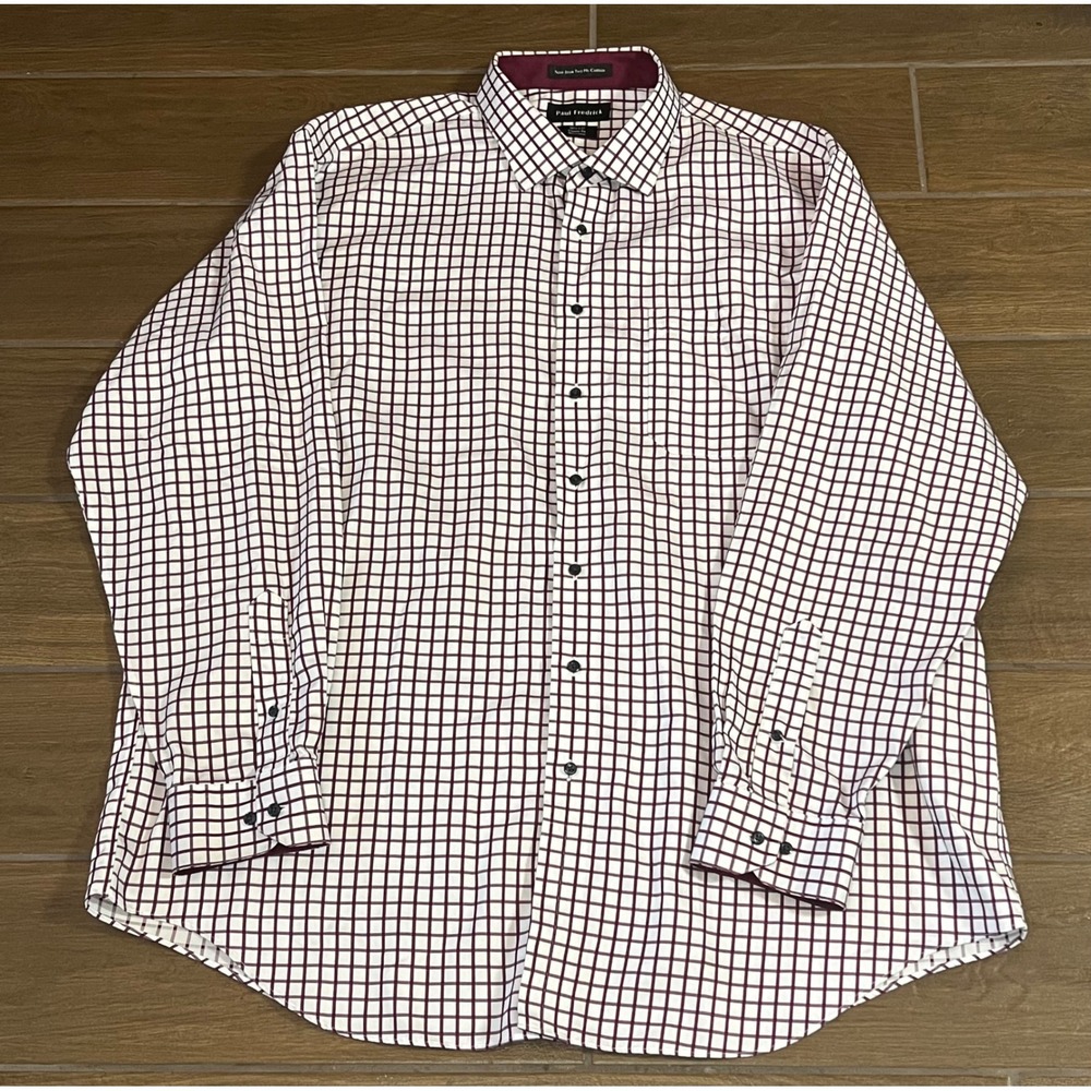 Paul Fredrick Mens Dress Shirt 18.5 x 37 Classic Fit Burgundy White Check Cotton